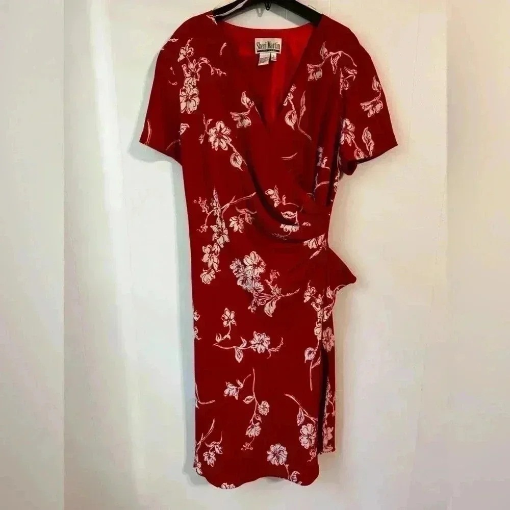 Sheri‎ Martin New York Red Floral Faux Wrap Ruffle Dress Size 18 Short Sleev